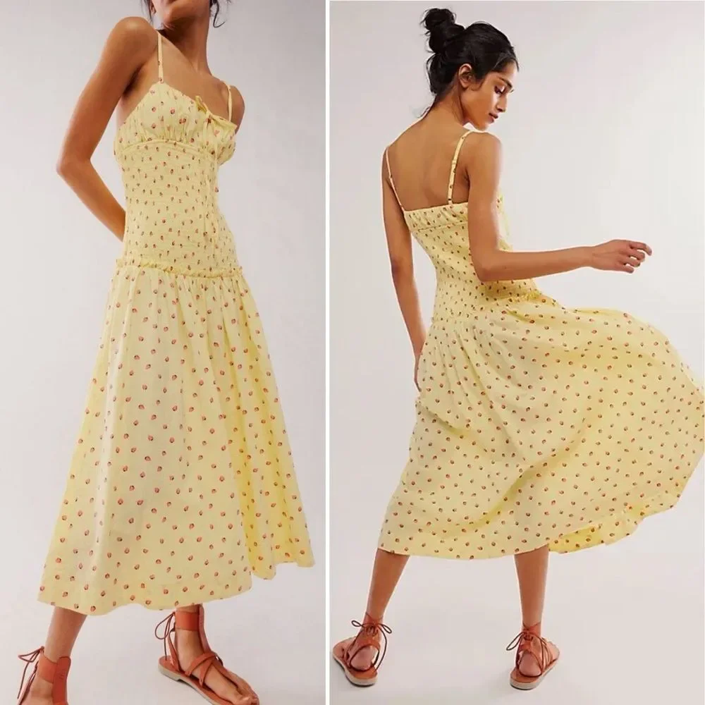 Free People Daze Strawberry Pattern Midi Dress Yellow XS